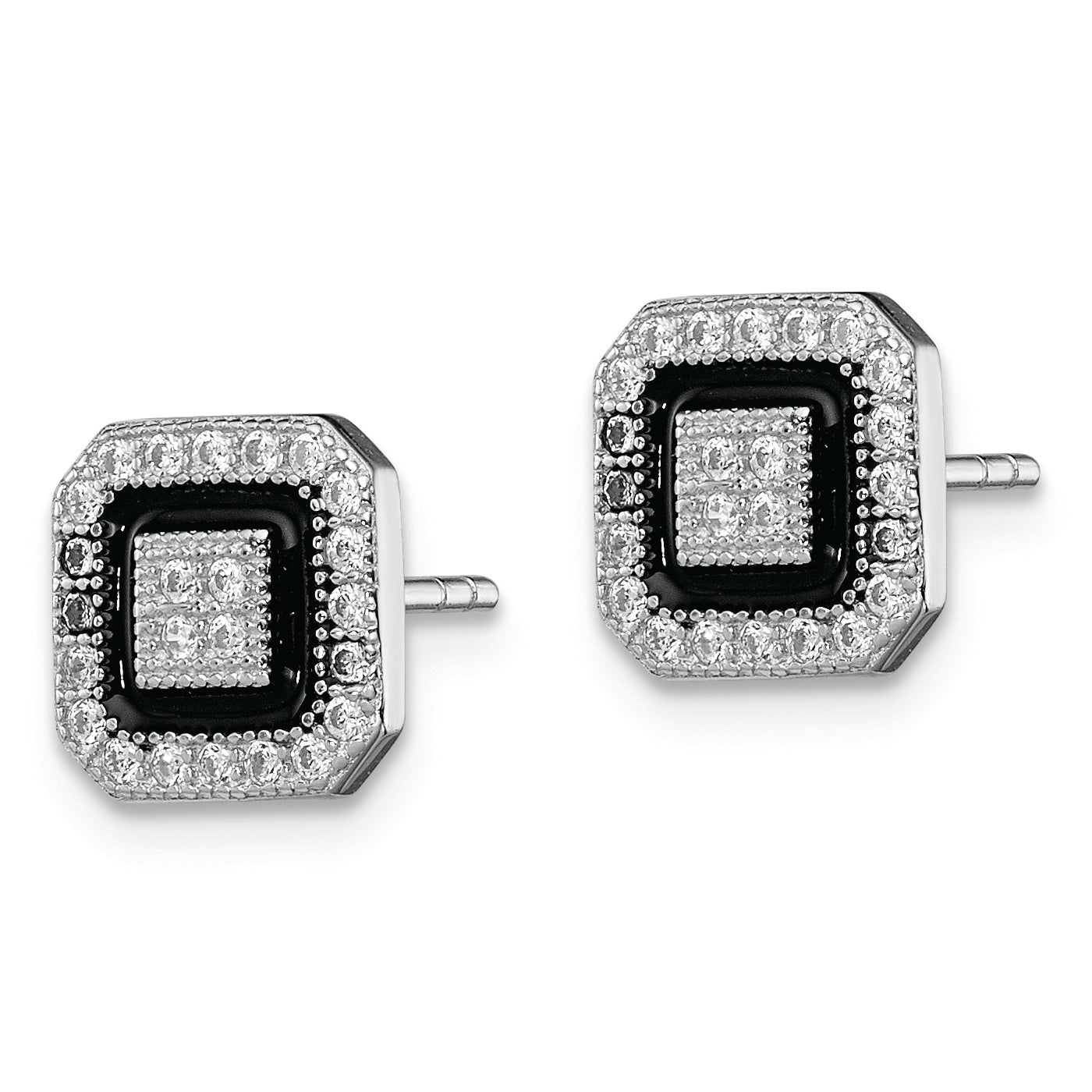 Sterling Silver RH-plated Black Enamel & Pav‚ CZ Square Halo Post Earrings