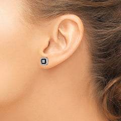 Sterling Silver RH-plated Black Enamel & Pav‚ CZ Square Halo Post Earrings