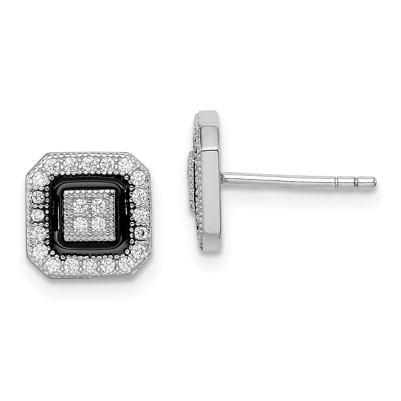 Sterling Silver RH-plated Black Enamel & Pav‚ CZ Square Halo Post Earrings