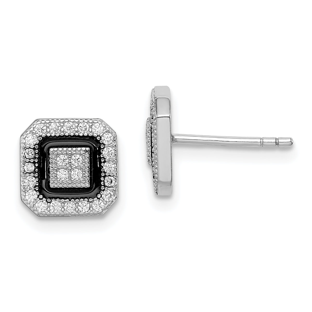 Sterling Silver RH-plated Black Enamel & Pav‚ CZ Square Halo Post Earrings