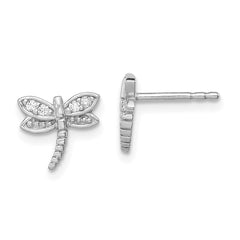 Sterling Silver Rhodium-plated Polished CZ Dragonfly Post Earrings