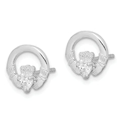 Sterling Silver Rhodium-plated CZ Heart Claddagh Post Earrings