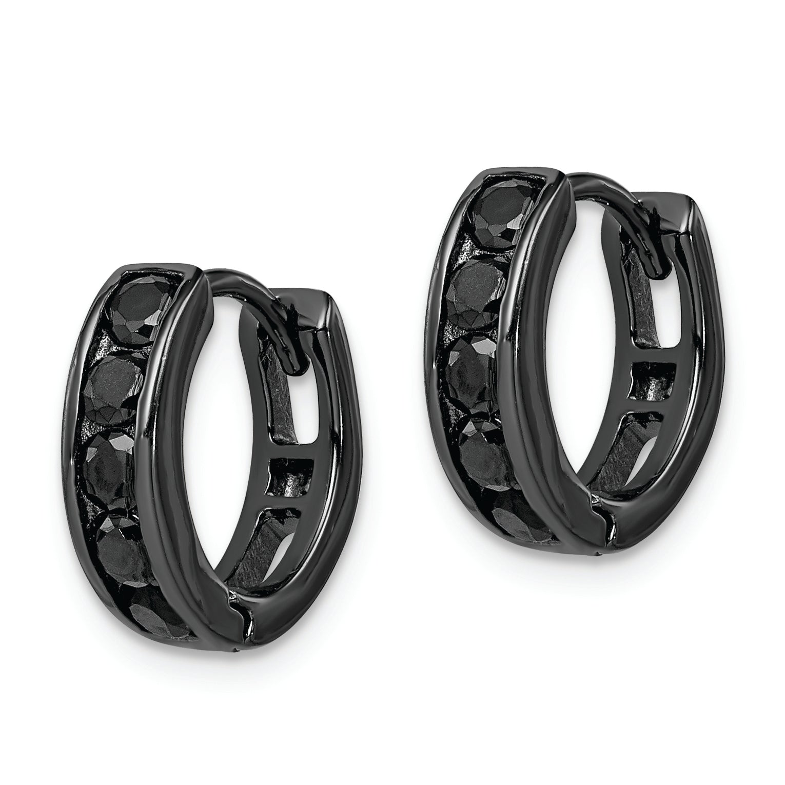 Sterling Silver Black RH-plated Black CZ Hinged 4mm Round Hoop Earrings