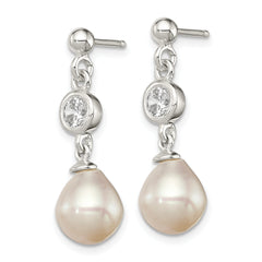 Sterling Silver Polished FWC Pearl and CZ Post Dangle Earrings