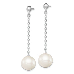 Sterling Silver Rhodium-plated 10-11mm FWC Pearl Dangle Post Earrings