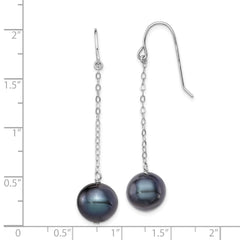 Sterling Silver Rhodium-plated Polished 9-10mm Black Freshwater Cultured Pearl Dangle Earrings