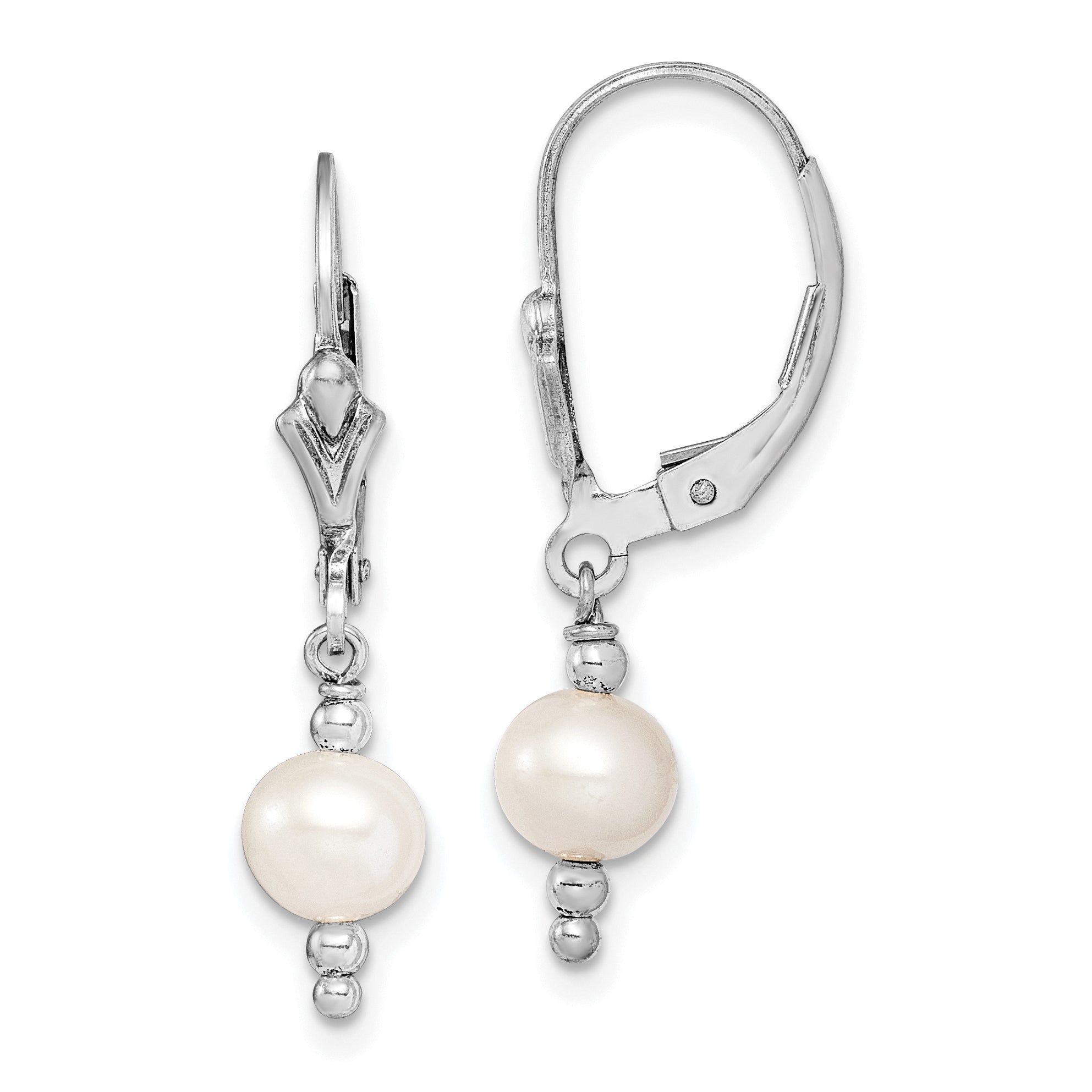 Sterling Silver Rhodium-plated Polished White 6-7mm Freshwater Cultured Pearl Leverback Dangle Earrings