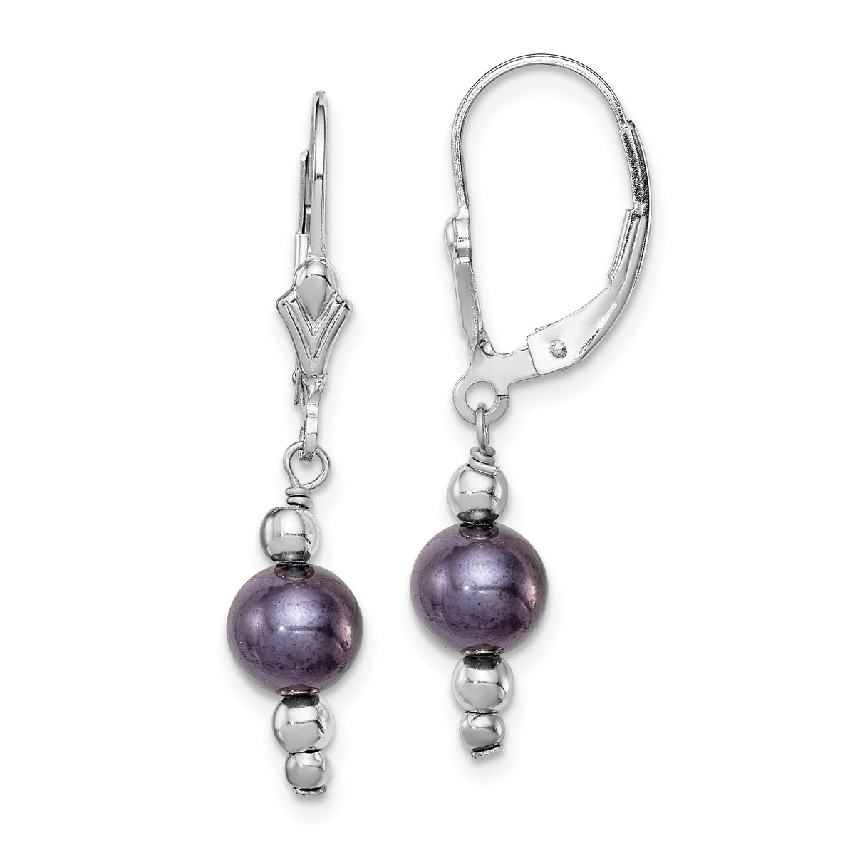 Sterling Silver Rhodium-plated Polished 6-7mm Black Freshwater Cultured Pearl Leverback Dangle Earrings