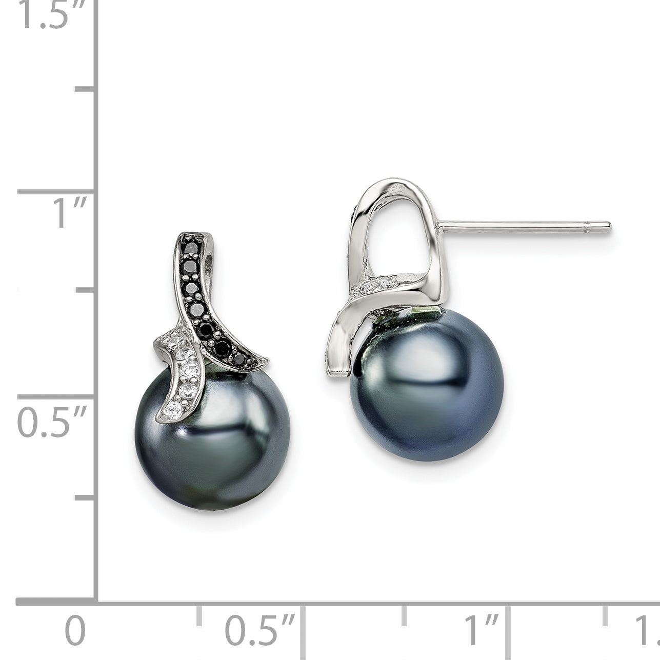 Sterling Silver Polished Black and White CZ with 9-10mm Black Imitation Shell Pearl Post Earrings