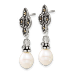 Sterling Silver Polished & Antiqued Crystal, Marcasite & FW Cultured Pearl Post Dangle Earrings