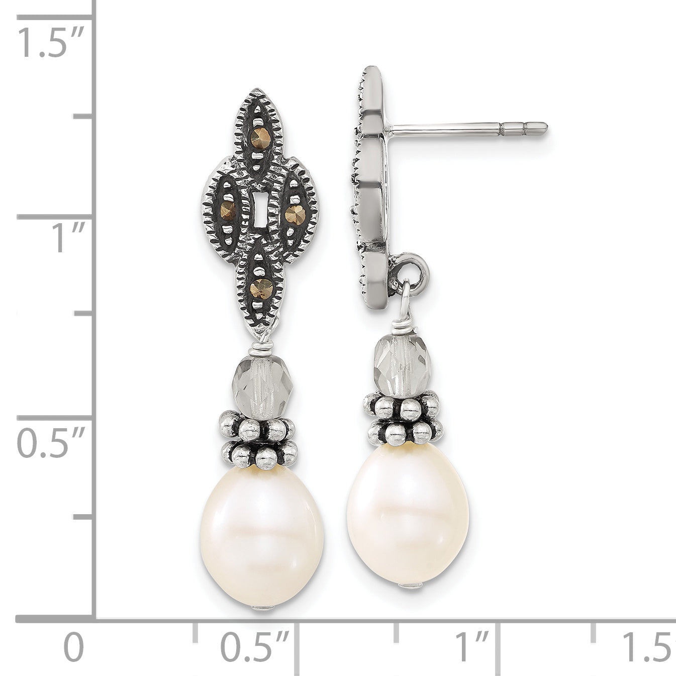 Sterling Silver Polished & Antiqued Crystal, Marcasite & FW Cultured Pearl Post Dangle Earrings