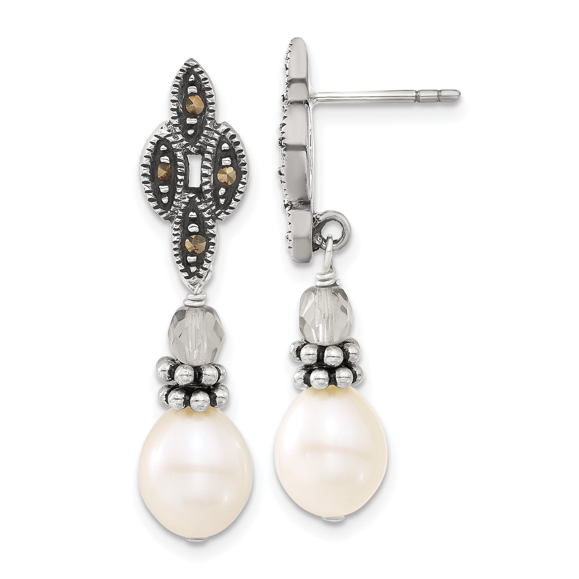 Sterling Silver Polished & Antiqued Crystal, Marcasite & FW Cultured Pearl Post Dangle Earrings