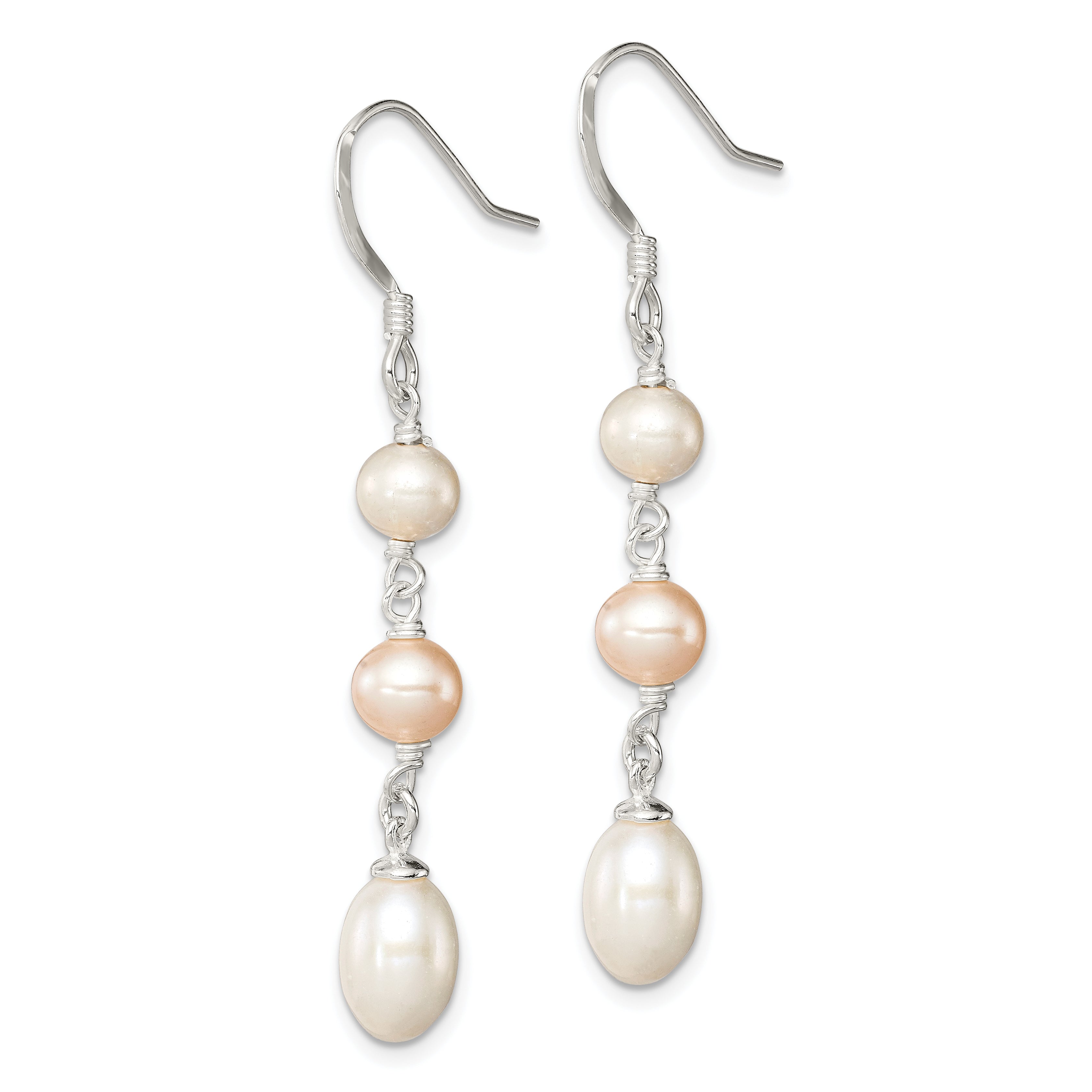 Sterling Silver Polished Pink & White 5-7mm Freshwater Cultured Pearl Dangle Earrings