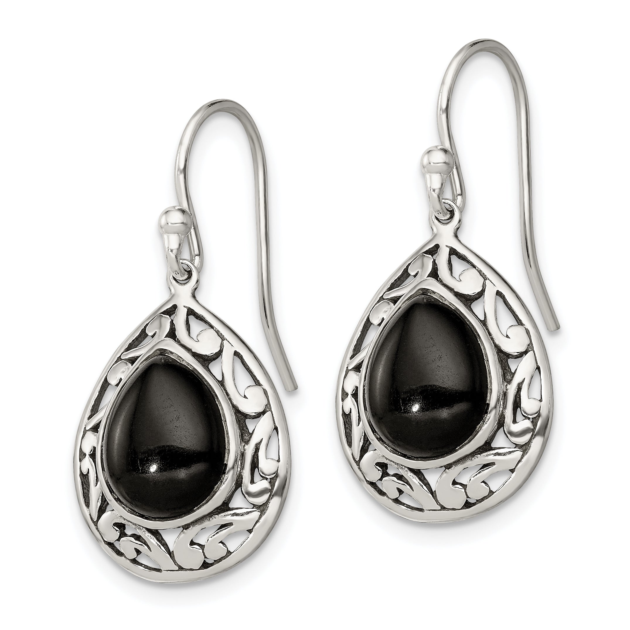 Sterling Silver Polished & Antiqued Filigree Onyx Teardrop Dangle Earrings