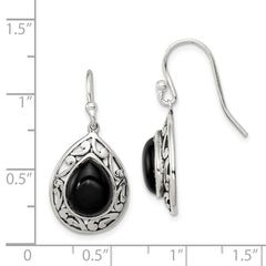 Sterling Silver Polished & Antiqued Filigree Onyx Teardrop Dangle Earrings