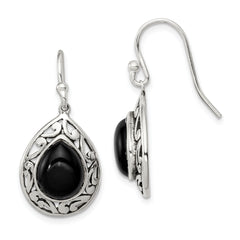 Sterling Silver Polished & Antiqued Filigree Onyx Teardrop Dangle Earrings