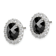 Sterling Silver Rhod-plated Black/Clear CZ Oval Halo Post Earrings