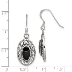 Sterling Silver Polished/Antiqued Filigree Black Agate Oval Dangle Earrings