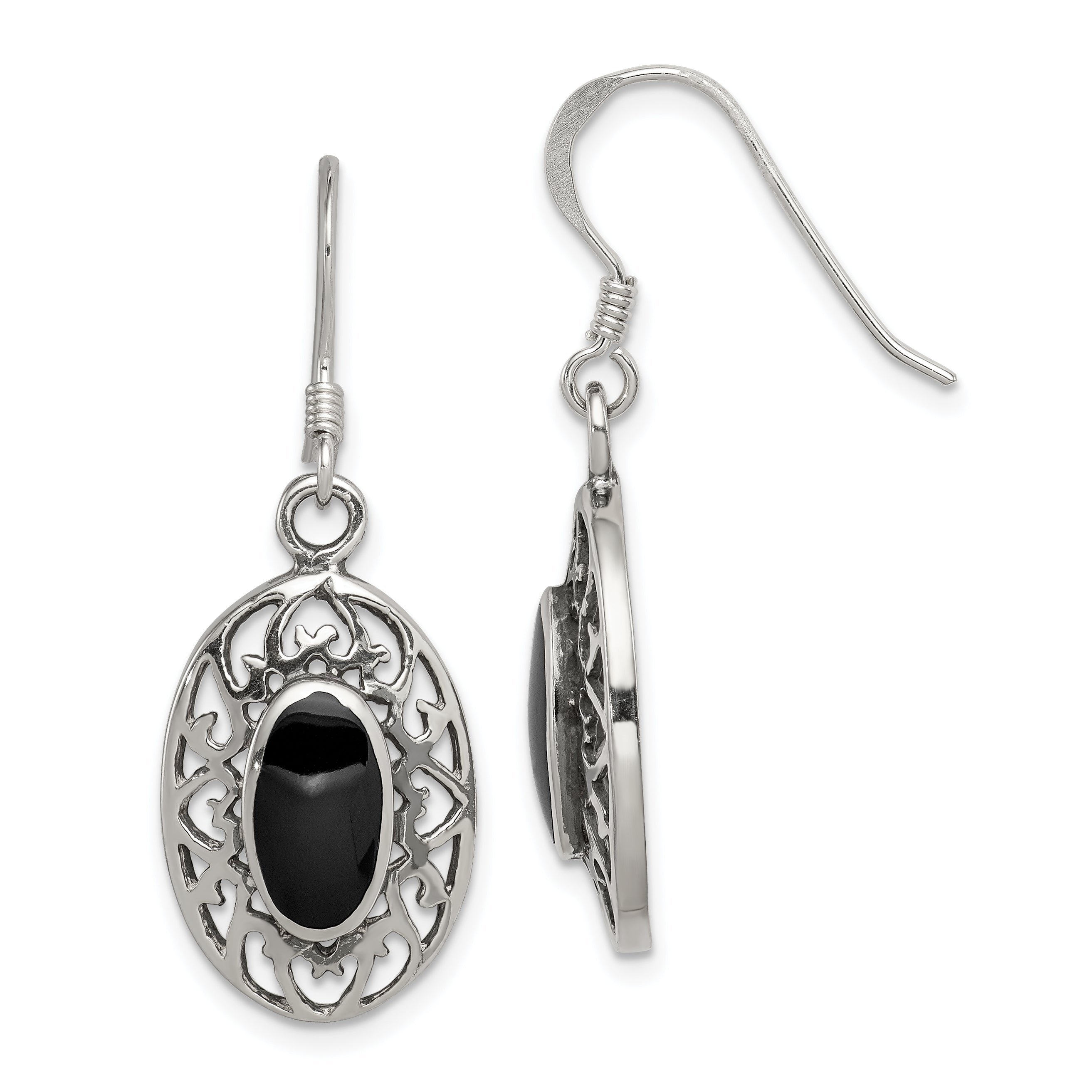 Sterling Silver Polished/Antiqued Filigree Black Agate Oval Dangle Earrings