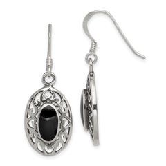 Sterling Silver Polished/Antiqued Filigree Black Agate Oval Dangle Earrings