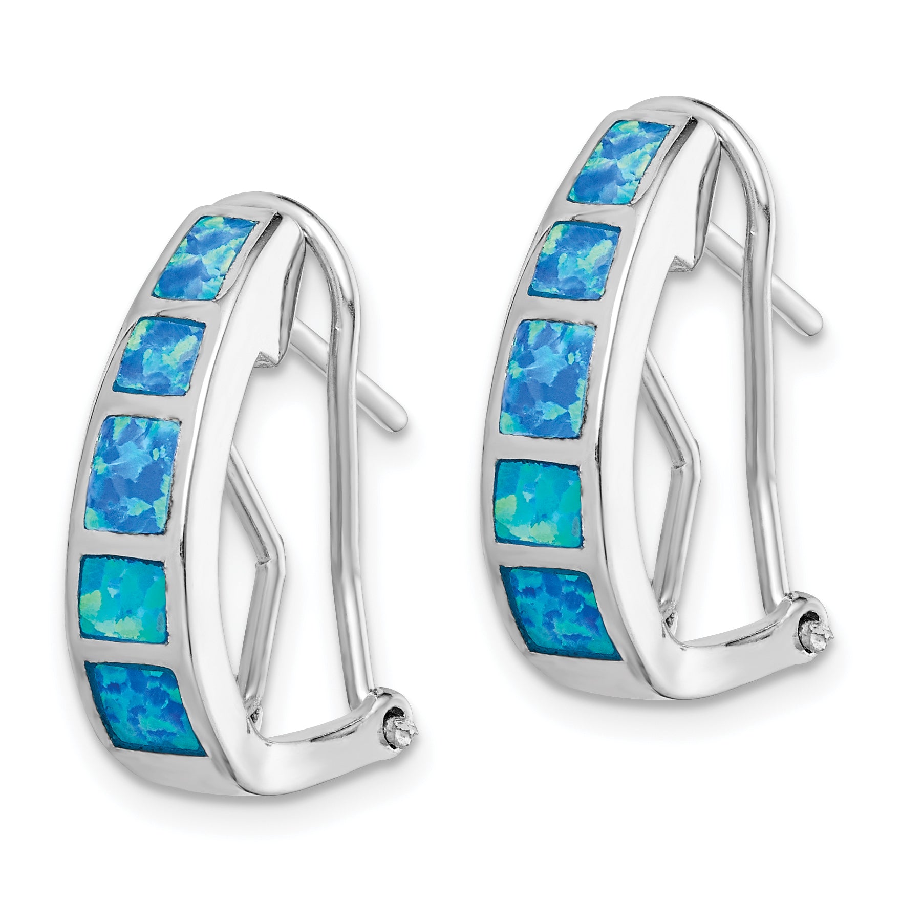 Sterling Silver RH-plated Polished Blue Created Opal Inlay J-Hoop Earrings