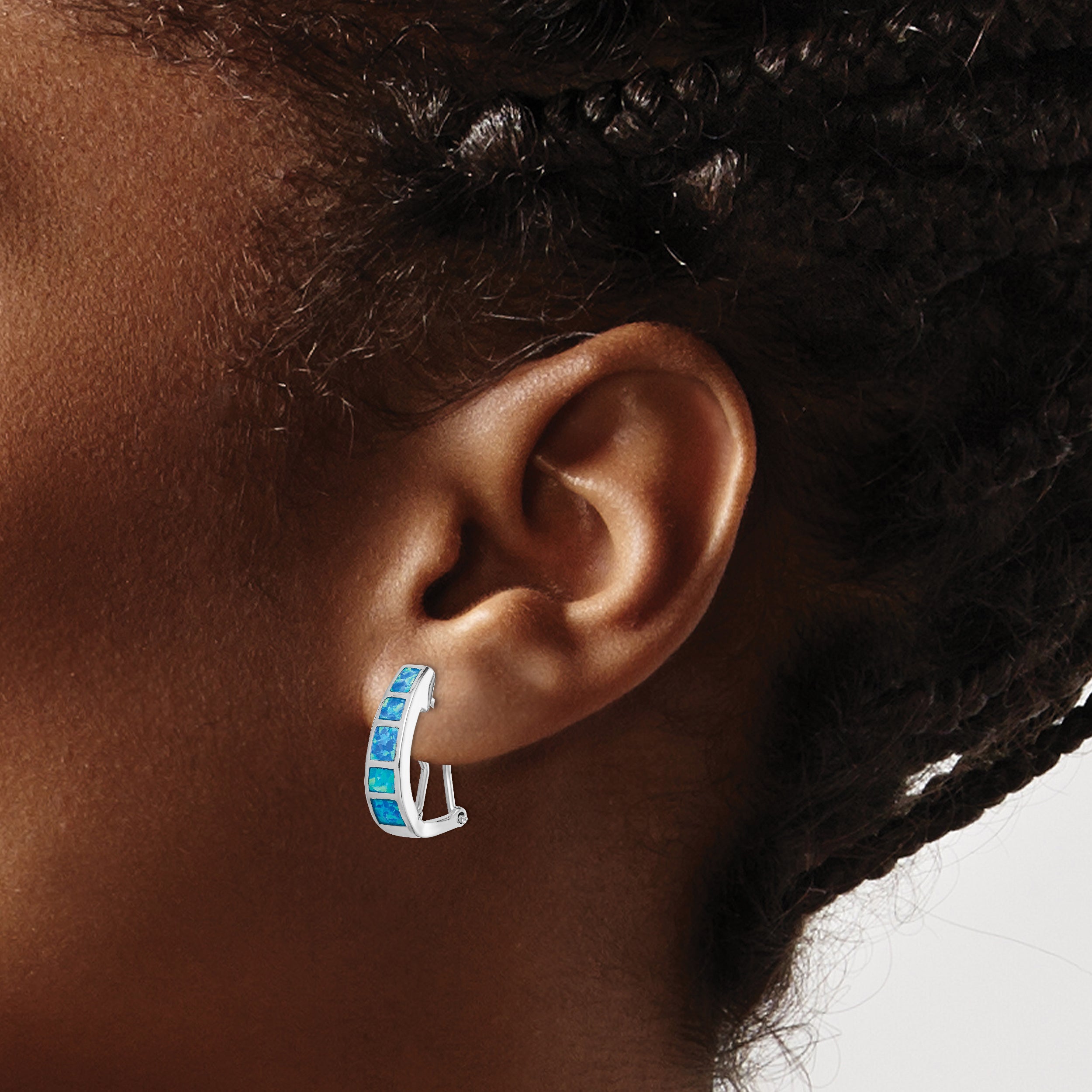 Sterling Silver RH-plated Polished Blue Created Opal Inlay J-Hoop Earrings