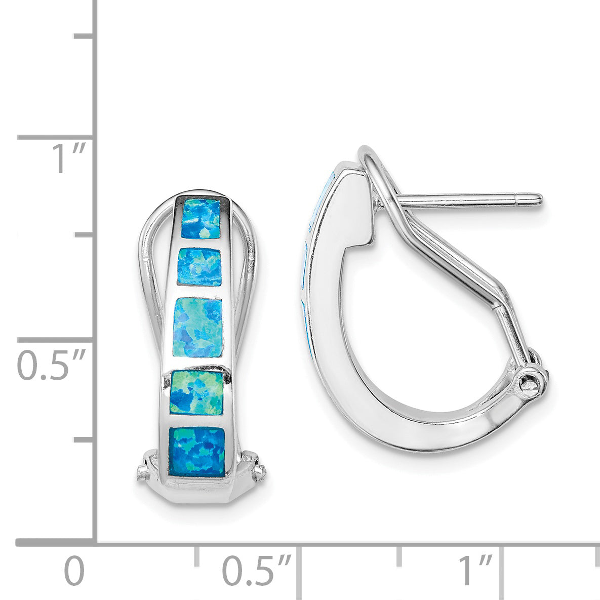 Sterling Silver RH-plated Polished Blue Created Opal Inlay J-Hoop Earrings