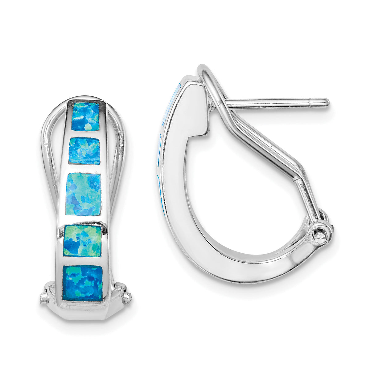 Sterling Silver RH-plated Polished Blue Created Opal Inlay J-Hoop Earrings