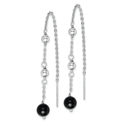 Sterling Silver RH-plated Polished & Beaded Black Onyx Threader Earrings