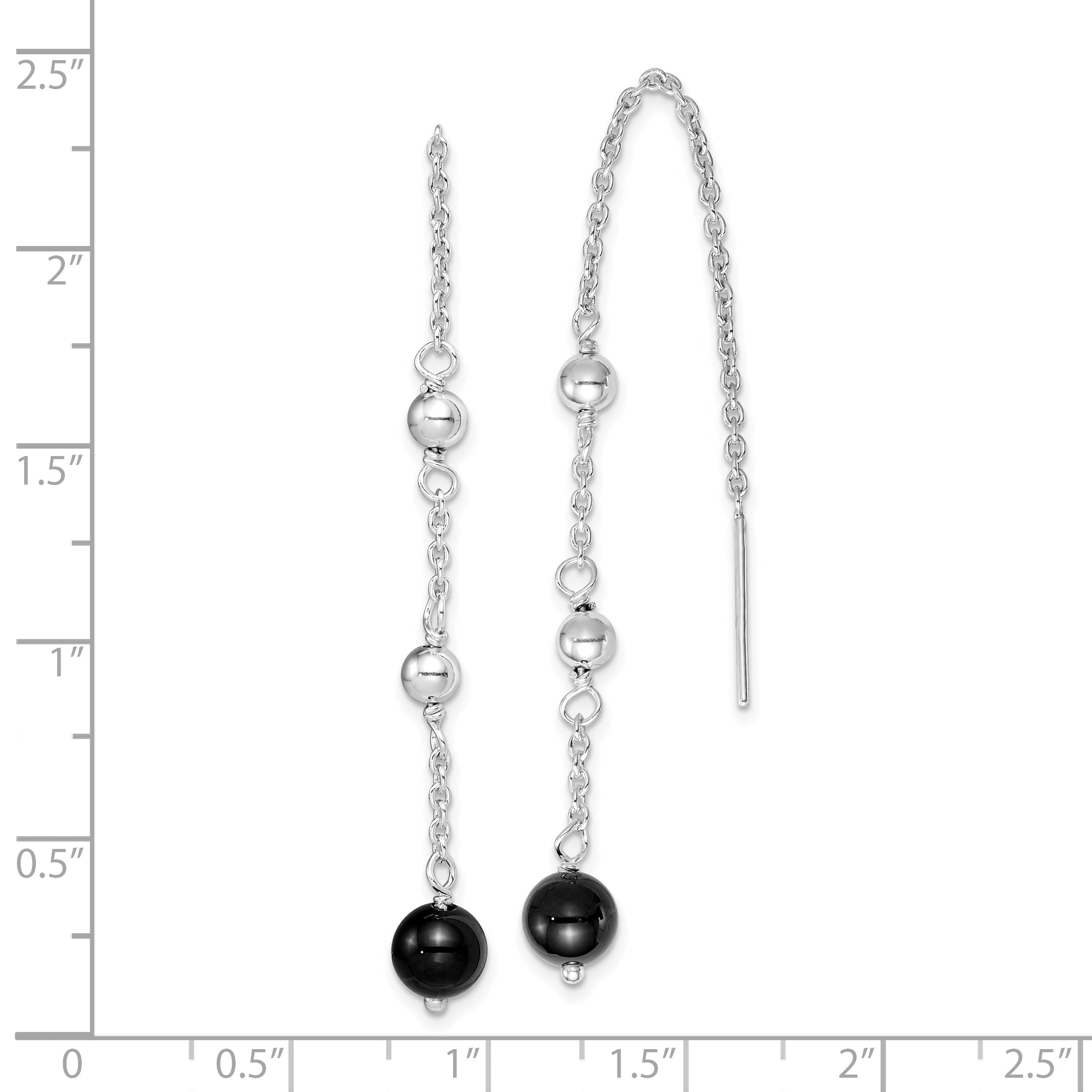 Sterling Silver RH-plated Polished & Beaded Black Onyx Threader Earrings