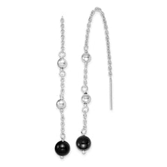 Sterling Silver RH-plated Polished & Beaded Black Onyx Threader Earrings