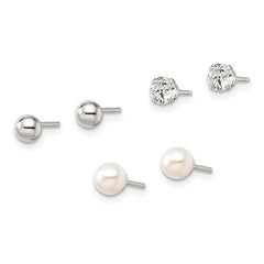 Sterling Silver Post 3pc Stellux Crystal and FWC Pearl Post Earring Set