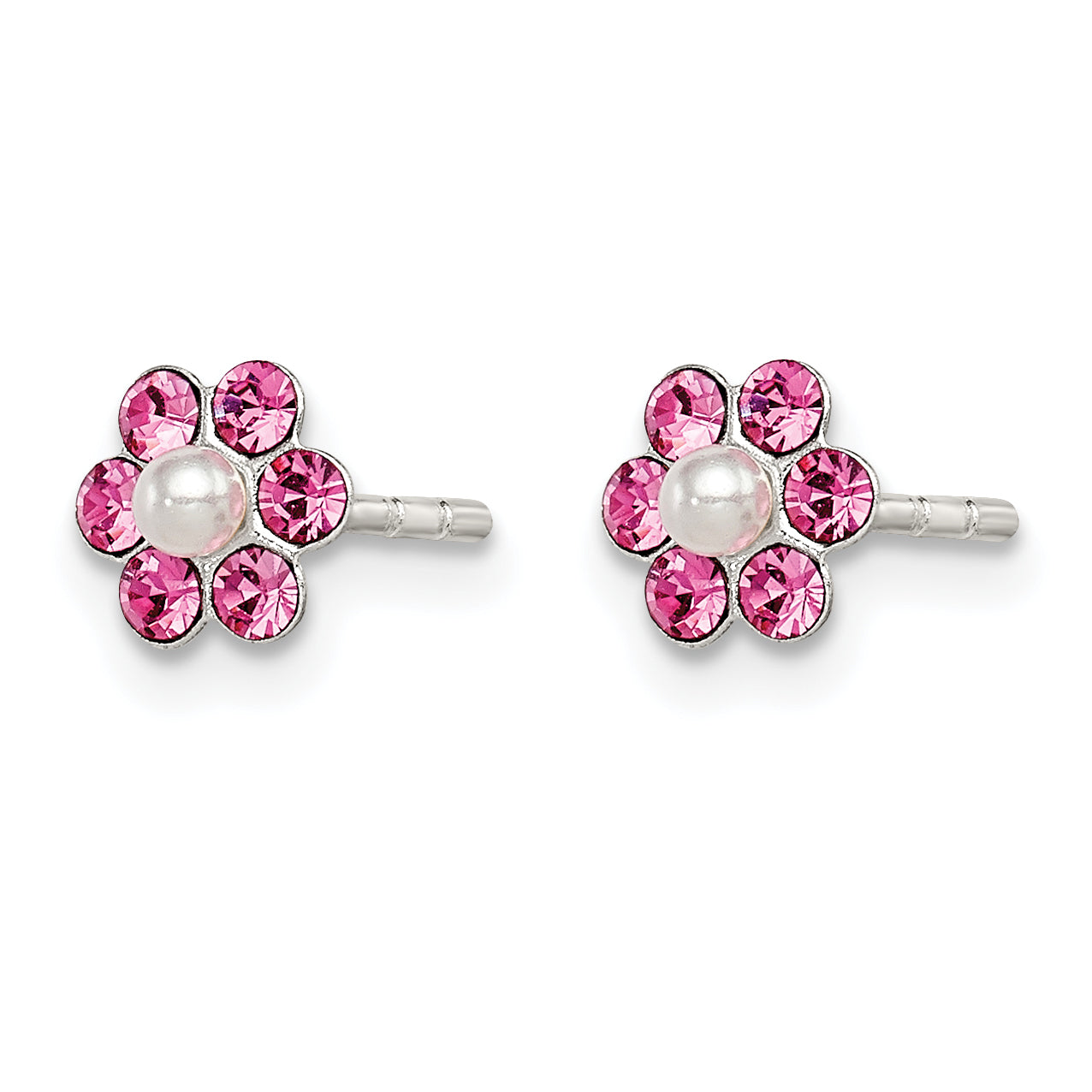 Sterling Silver Polished Children's Stellux Crystal & Imitation Pearl Flower Post Earring Set