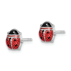 Sterling Silver Rhodium Polished Enameled Lady Bug Post Earrings