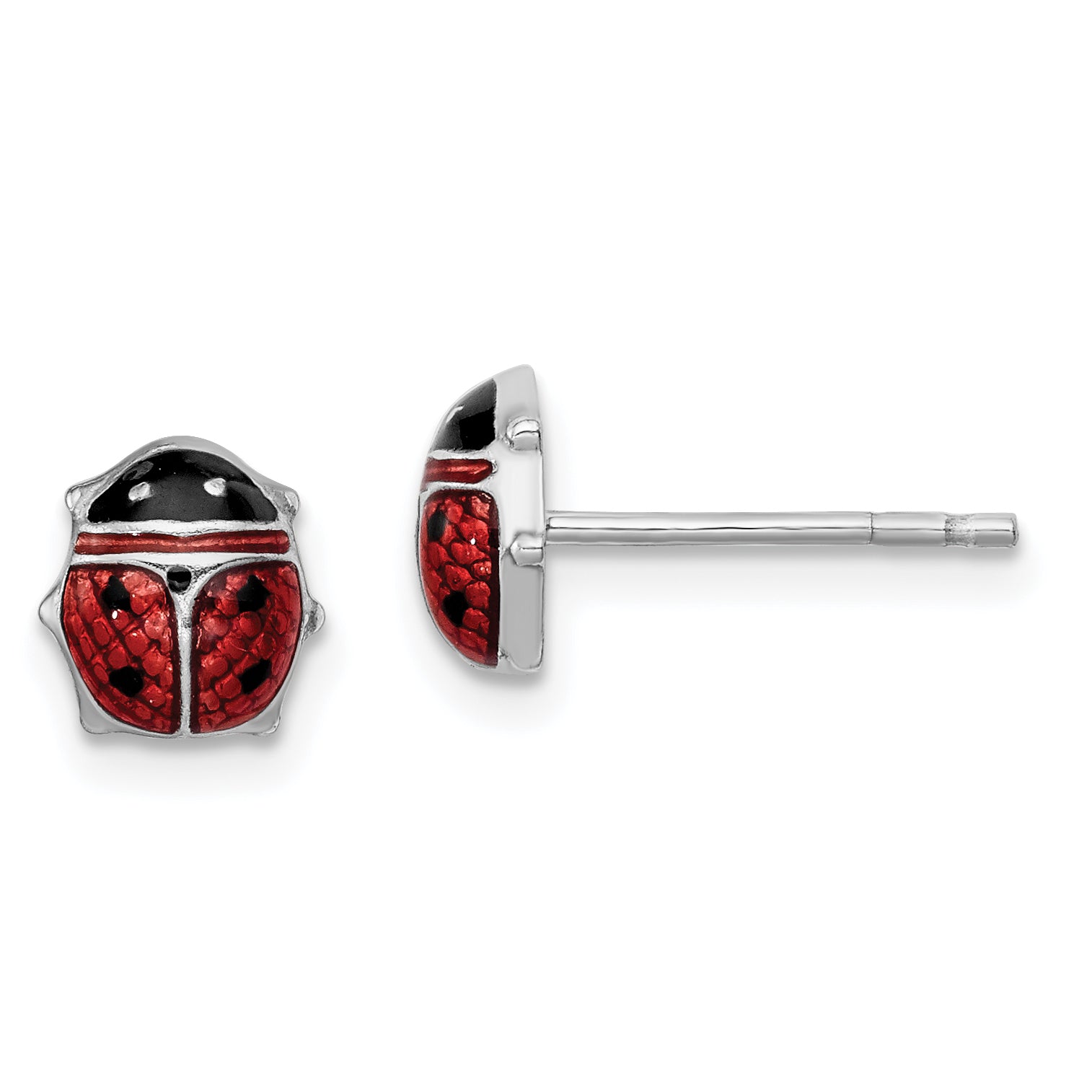 Sterling Silver Rhodium Polished Enameled Lady Bug Post Earrings