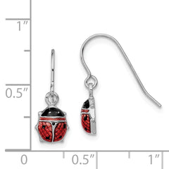 Sterling Silver Rhodium Enameled Ladybug Dangle Earrings