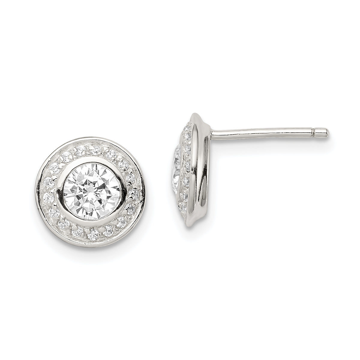 Sterling Silver Rhod-plated Polished Pav‚ CZ Halo Round Post Earrings