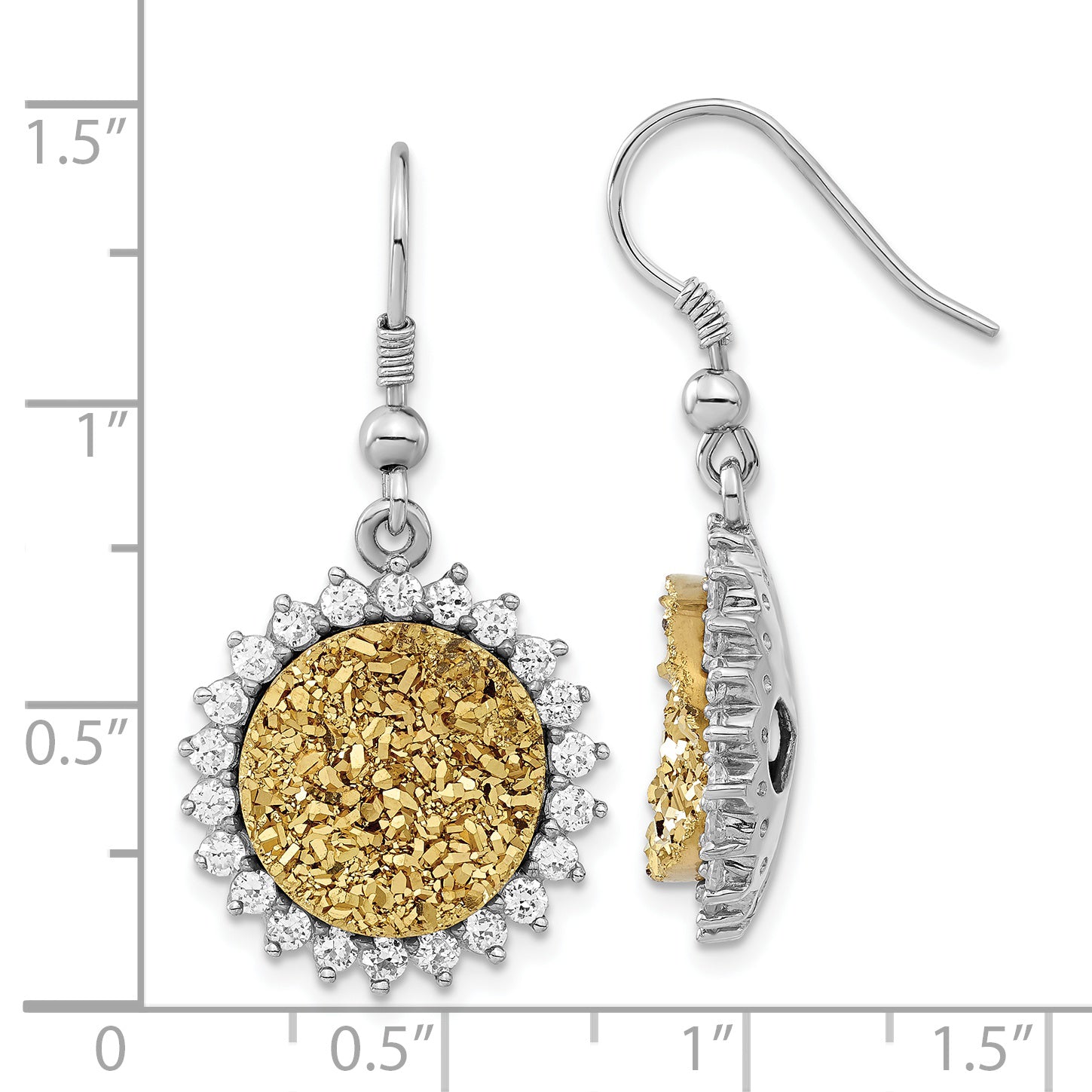 Sterling Silver Yellow Druzy & CZ Circle Shepherd Hook Dangle Earrings