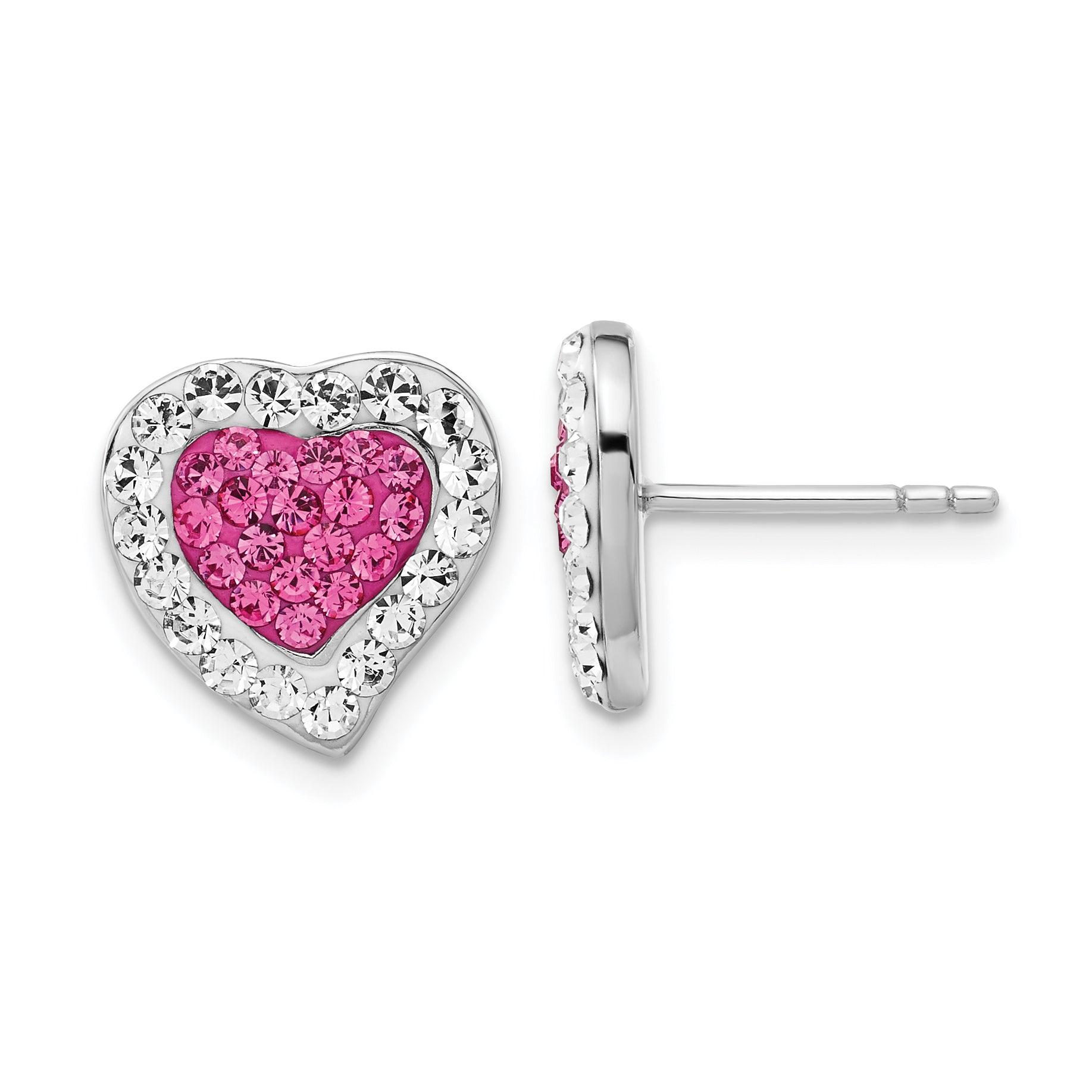 Sterling Silver Rhodium-plated Pink & Clear Stellux Crystal Heart Post Earrings