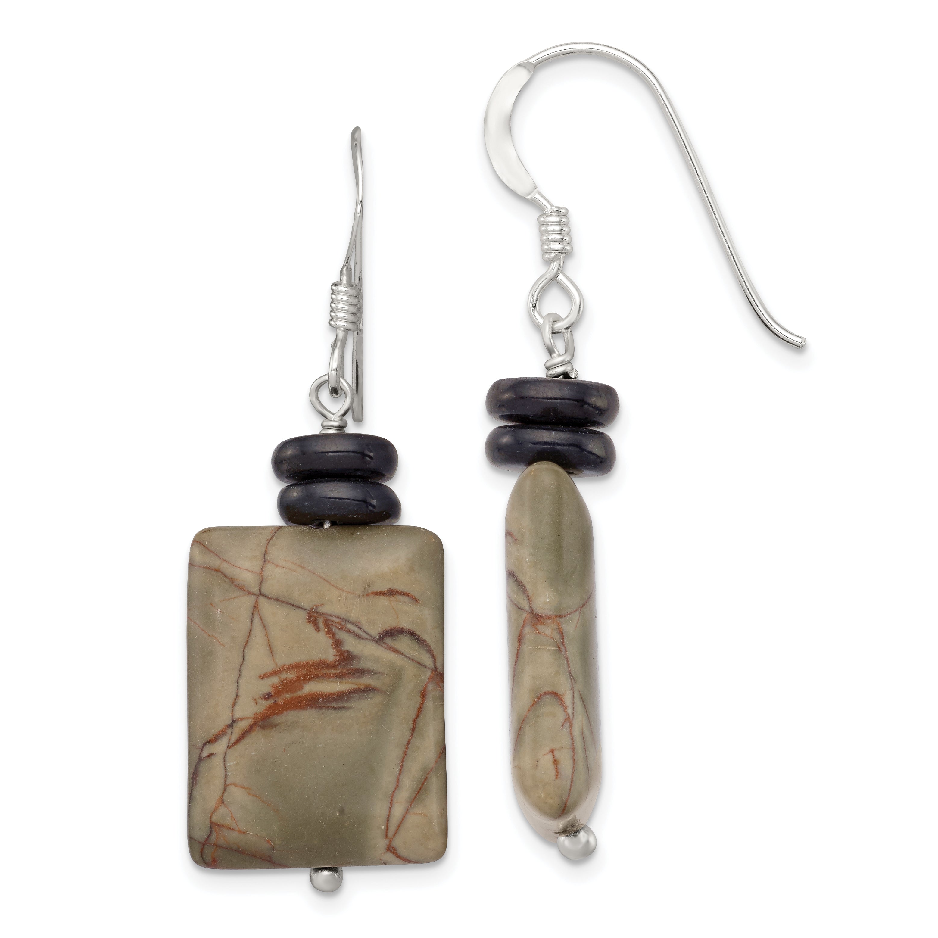 Sterling Silver Polished Black Mother of Pearl & Picasso Jasper Dangle Earrings