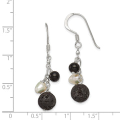 Sterling Silver Polished FWC Pearl/Black Agate/Lava Rock Dangle Earrings