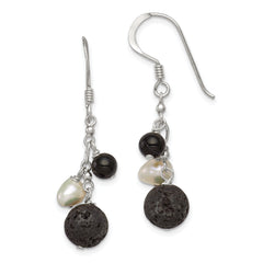 Sterling Silver Polished FWC Pearl/Black Agate/Lava Rock Dangle Earrings