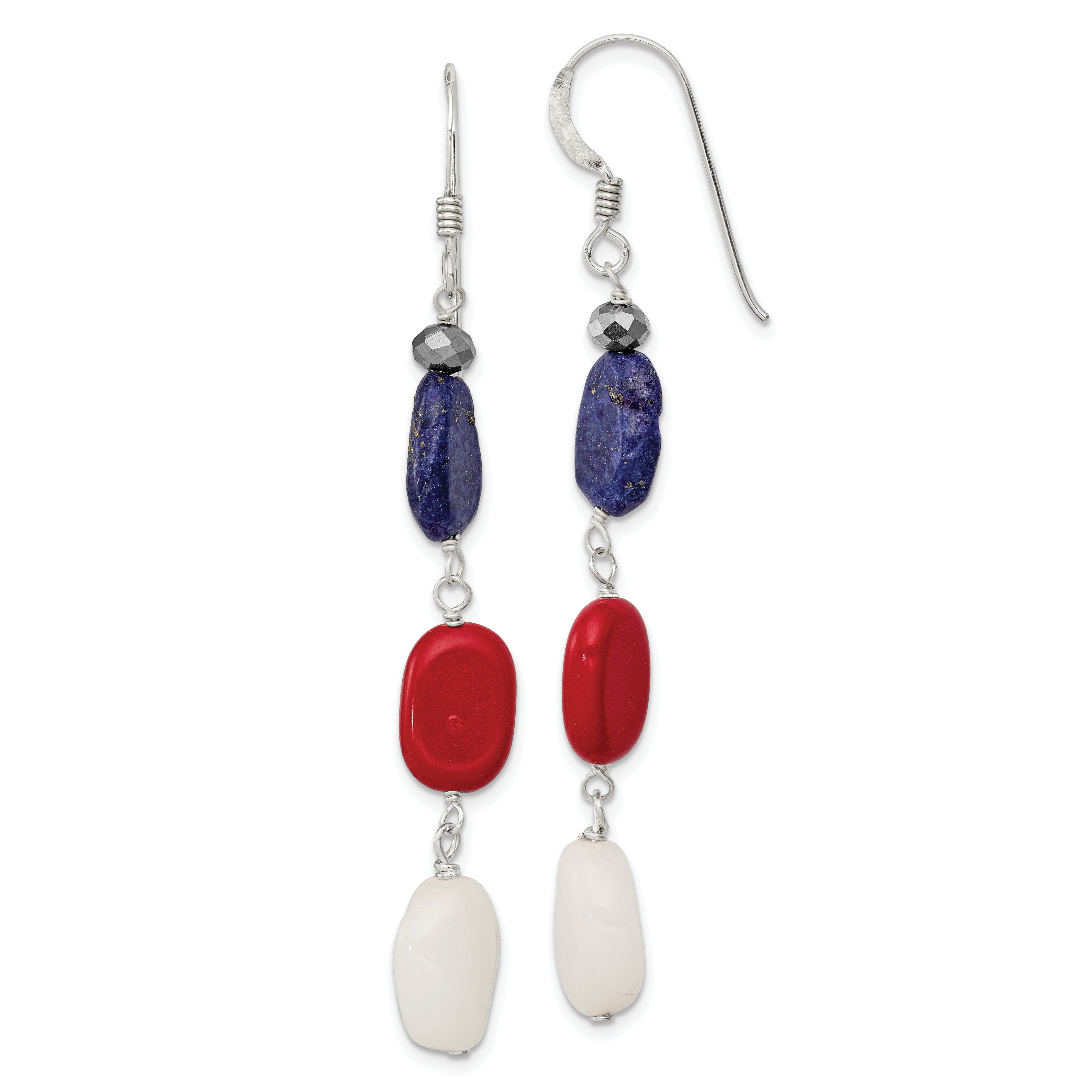 Sterling Silver Polished Red Coral/Crystal/White Jade/Lapis Dangle Earrings