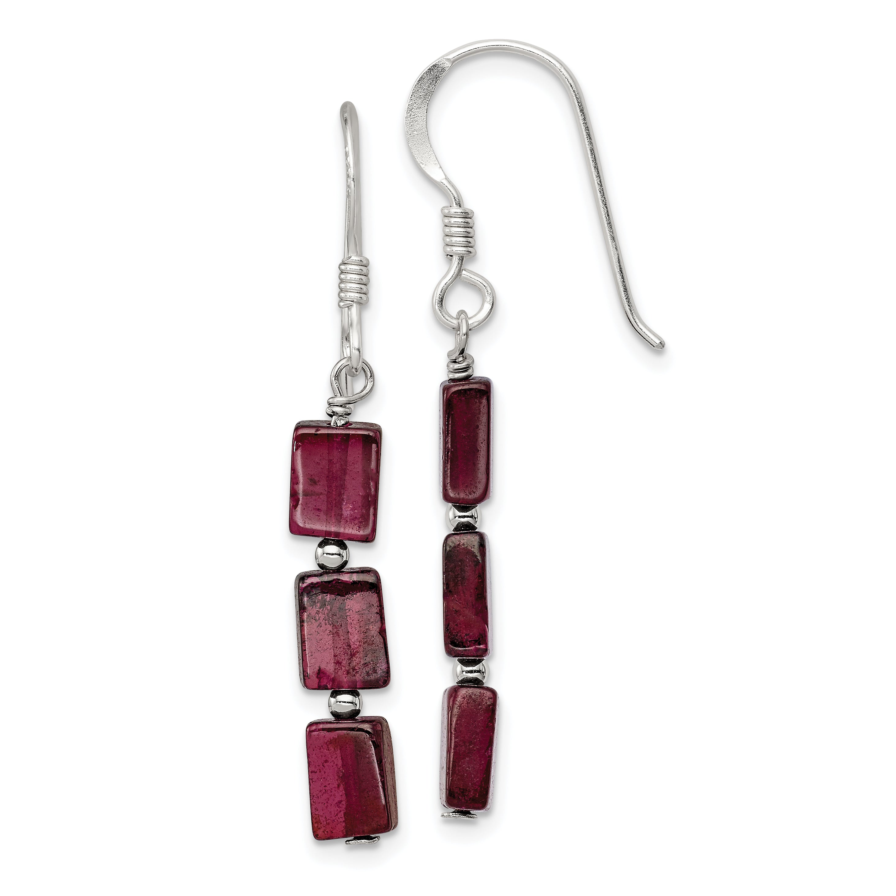 Sterling Silver Polished Triple Rectangle Garnet Dangle Earrings