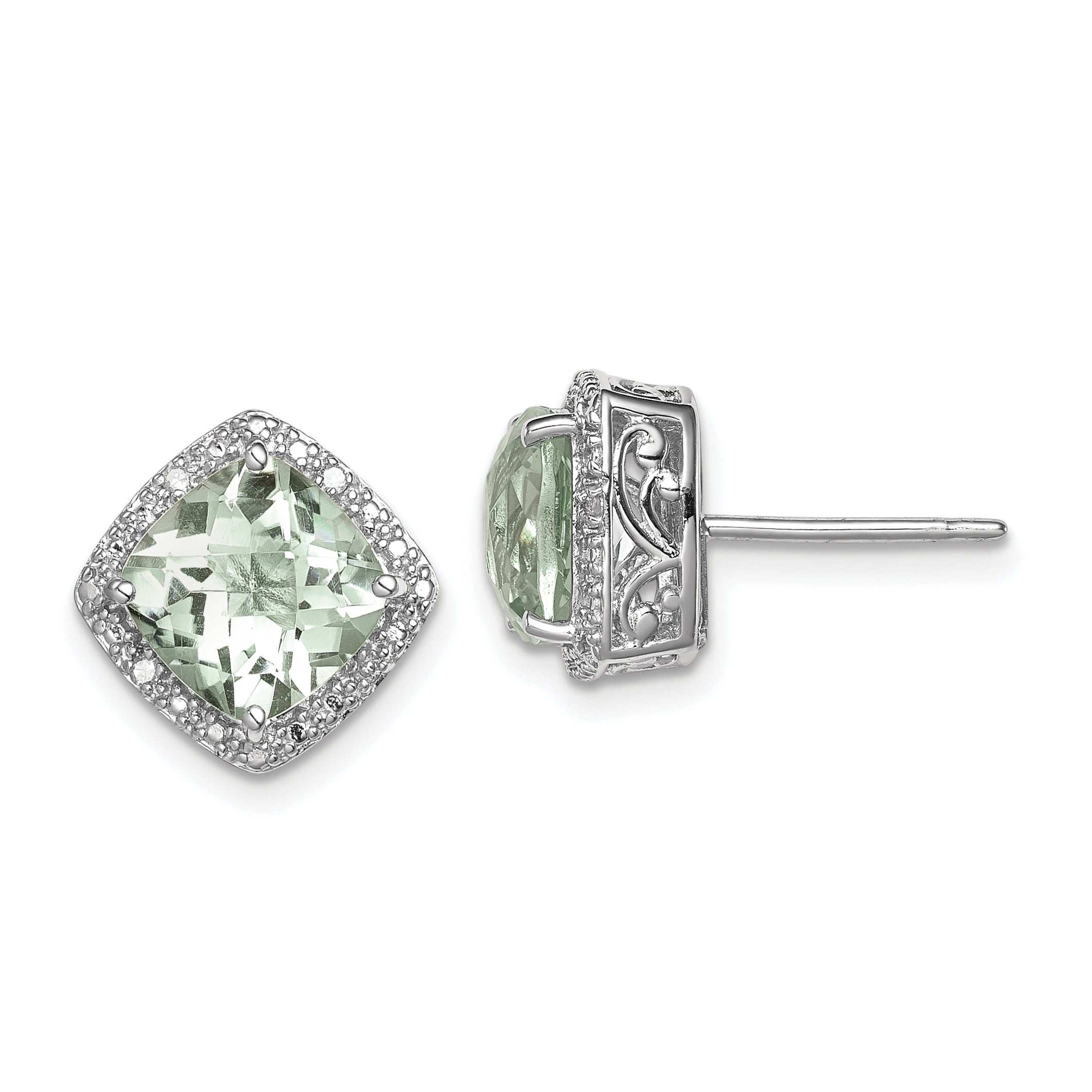 Sterling Silver Rhodium-plated Green Quartz and Diamond Earrings