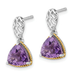 Sterling Silver & Flash Gold-plated Accent Trillion Amethyst Post Dangle Earrings