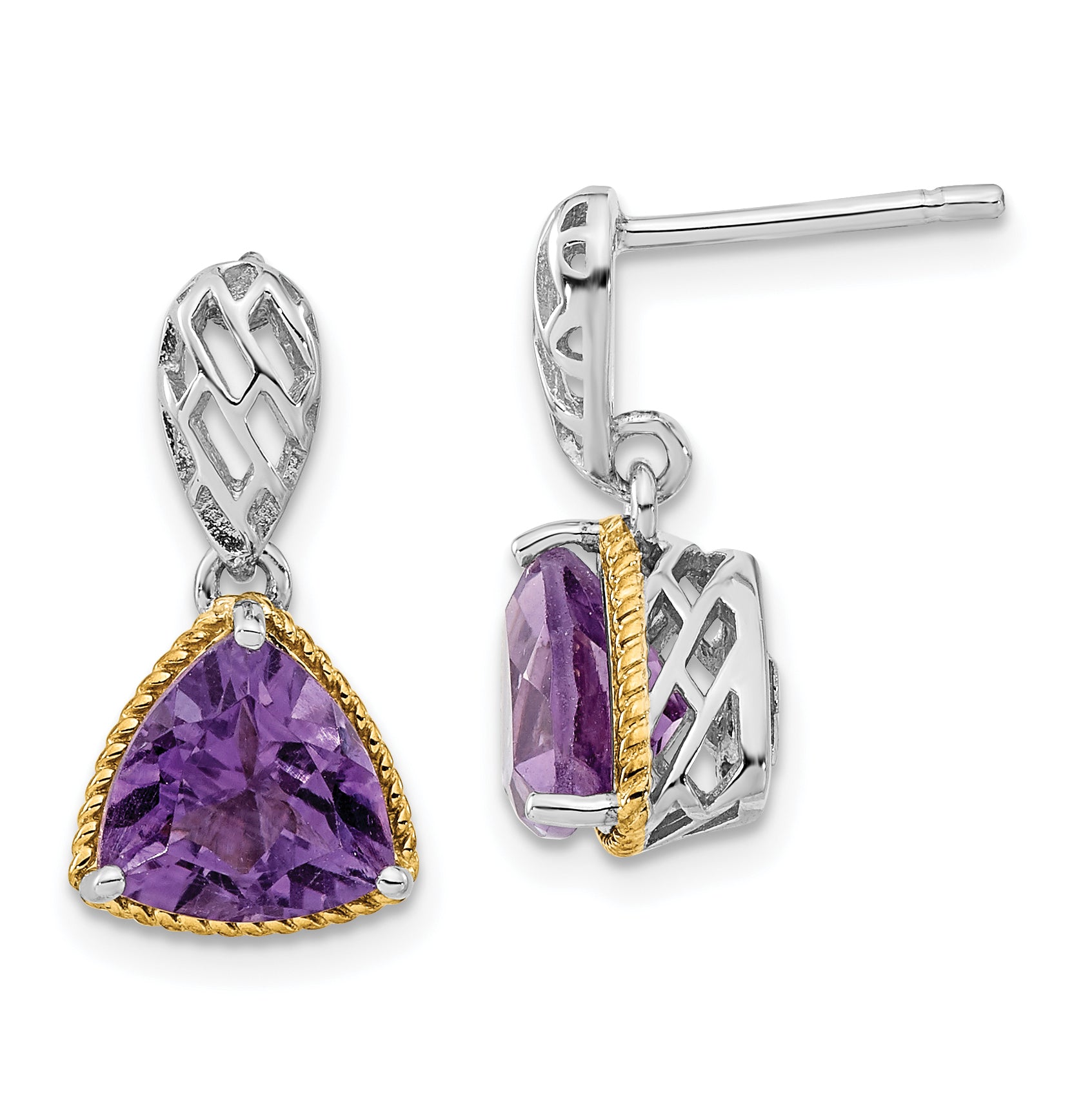 Sterling Silver & Flash Gold-plated Accent Trillion Amethyst Post Dangle Earrings