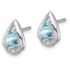 Sterling Silver Rhodium Plated Diamond & Aquamarine Post Earrings