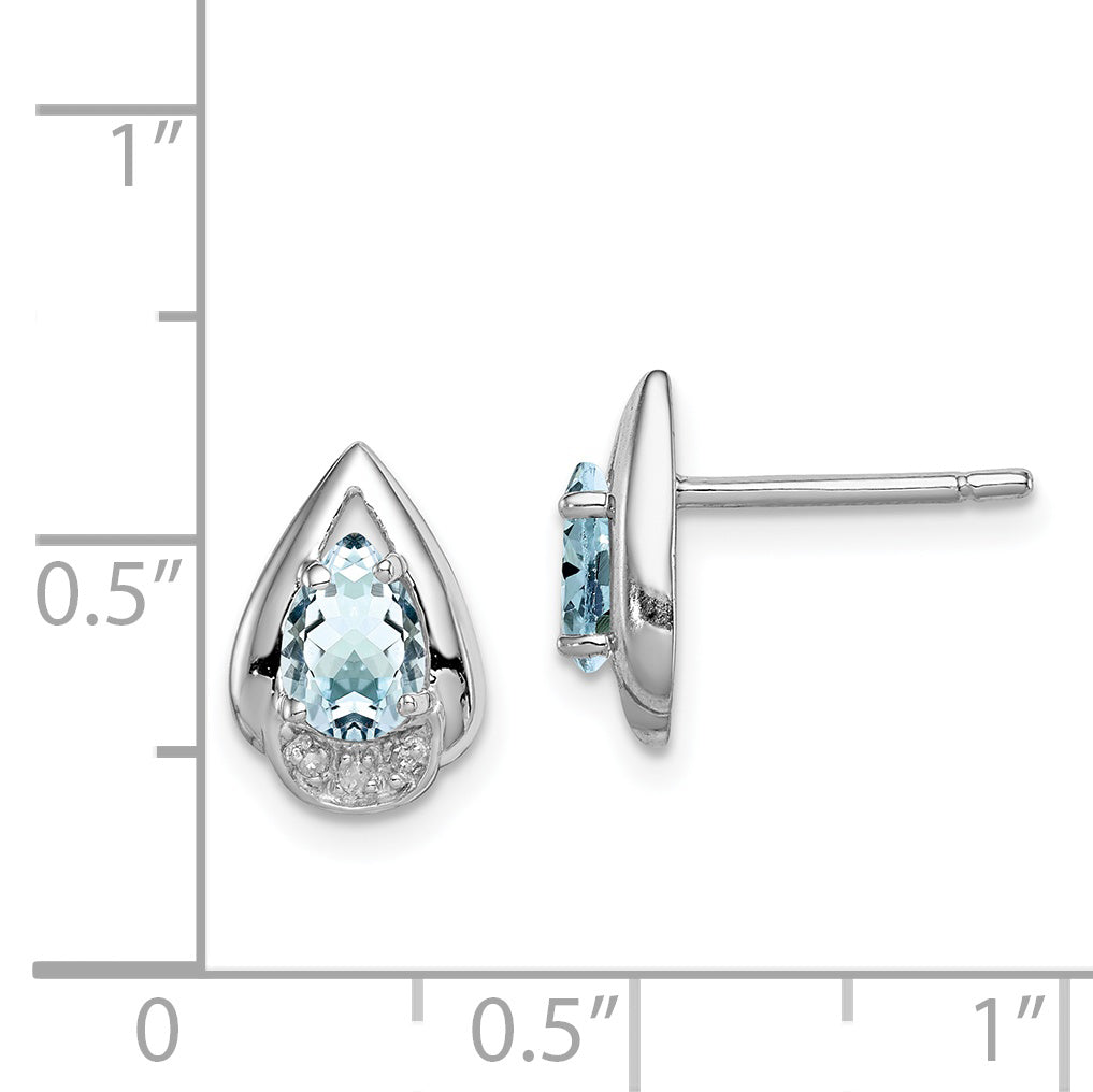 Sterling Silver Rhodium Plated Diamond & Aquamarine Post Earrings