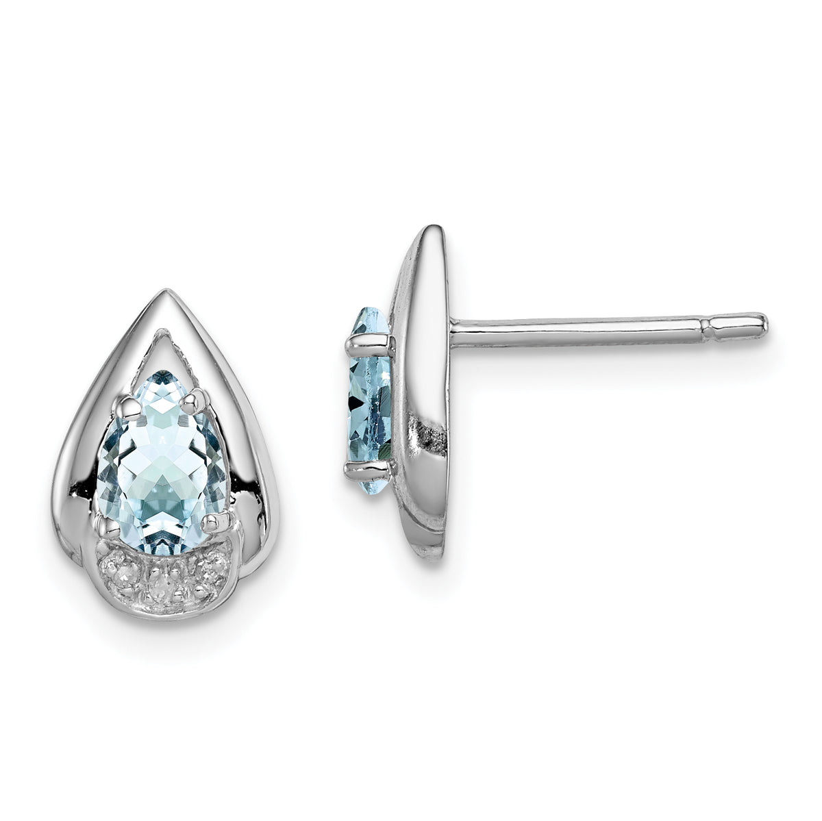 Sterling Silver Rhodium Plated Diamond & Aquamarine Post Earrings